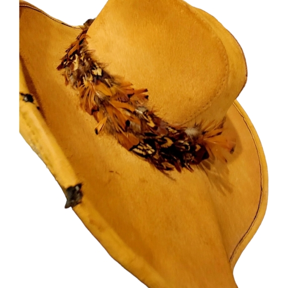 Cowboy Hat Suede With Pheasant Feathers Womens Large - Picture 3 of 11